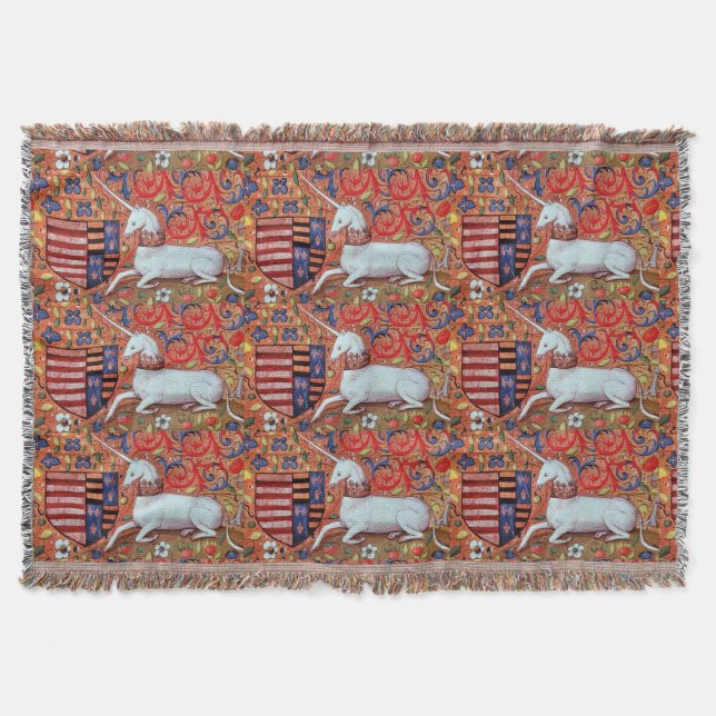 COUVERTURE FLEURS D'IMAGINAIRES UNICORNES ET MÉDIÉVAUX, MOTIF (Devant)