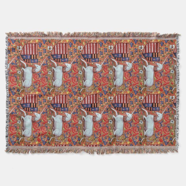 COUVERTURE FLEURS D'IMAGINAIRES UNICORNES ET MÉDIÉVAUX, MOTIF (Devant)