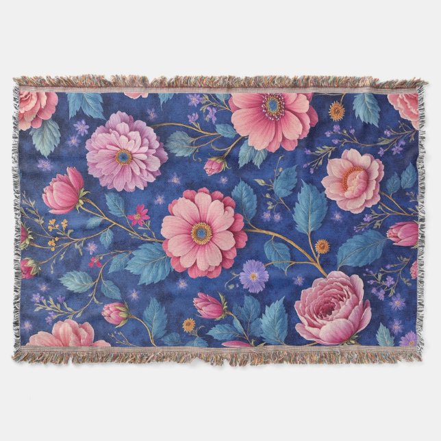 Couverture Fleurs roses sur un motif bleu vibrant (Devant)