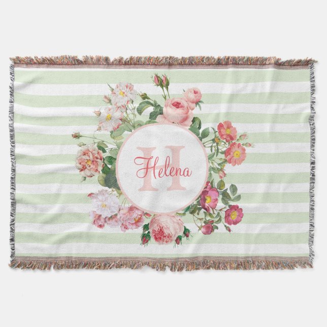 Couverture Fleurs vintages Pastel Green Stripes Monogramme (Devant)