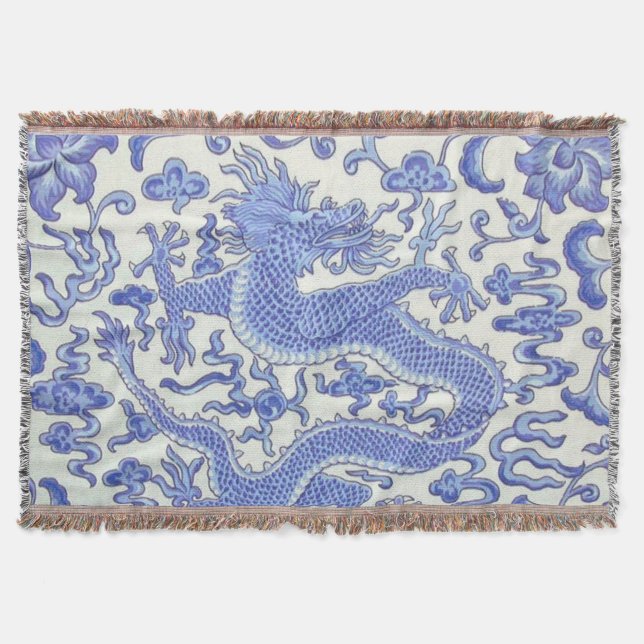 Couverture Floral de dragon oriental chinois bleu et blanc (Devant)