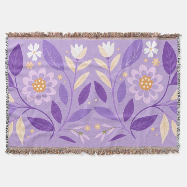 Couverture Floral Folk Violet tissé Lait Blanche (Devant)