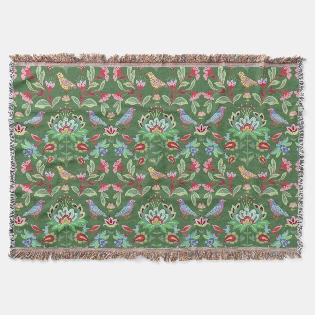 Couverture Folk Art Floral avec des oiseaux sur Green Throw (Devant)