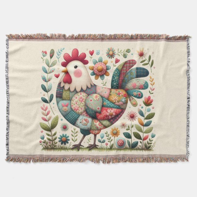 Couverture Folk Patchwork Rooster with Floral Accents (Devant)