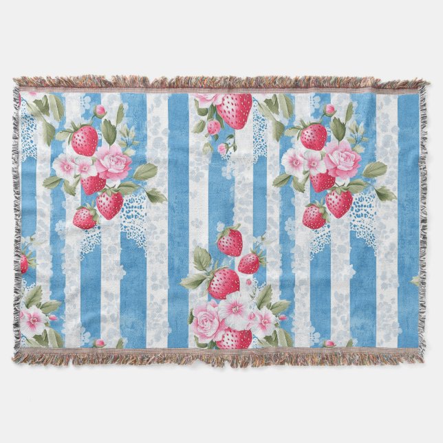 Couverture Fraises vintages et fleurs sur bandes bleues (Devant)