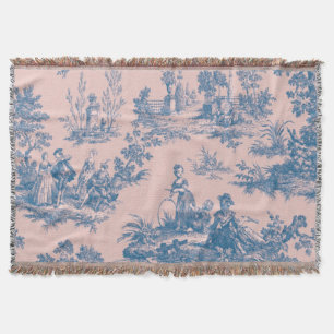 Couverture French toile de jouy bleu et rose élégant
