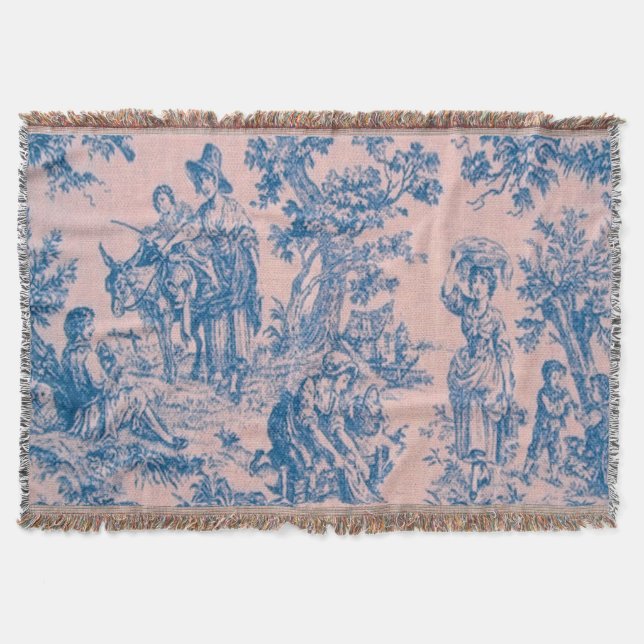 Couverture French toile de jouy bleu et rose élégant (Devant)
