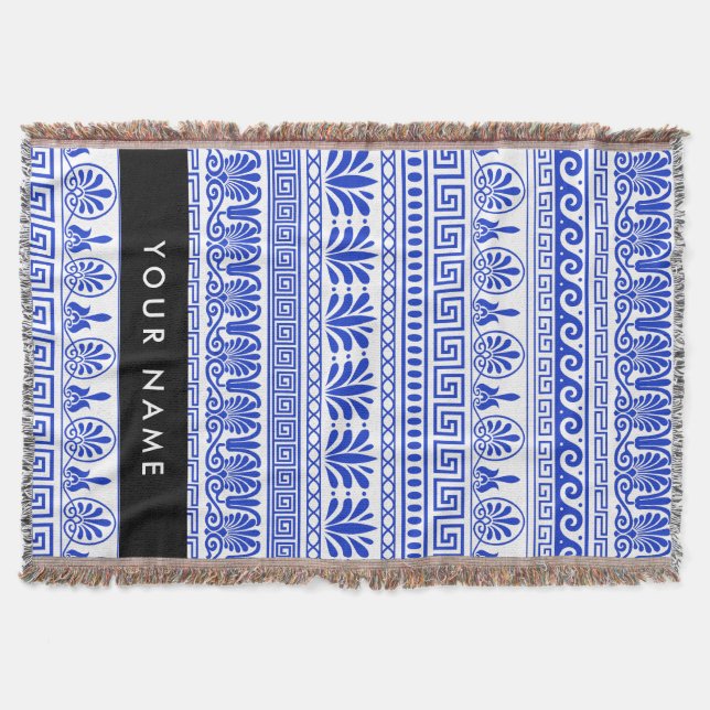 Couverture Fret grec, Clé de méandre mixte, Bleu, Votre Nom (Devant)