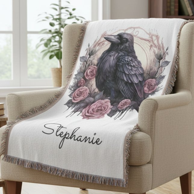 Couverture Gothic Raven Dark Academia Pink Floral (Gothic Black Raven throw blanket)