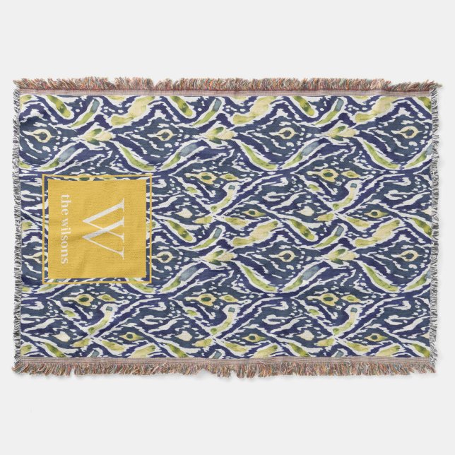 Couverture Gras bleu jaune Abstrait Ikat Monogramme (Devant)