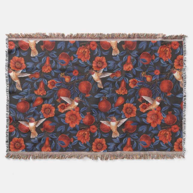 Couverture Grenade et colibris/feuilles bleus sur noir (Devant)