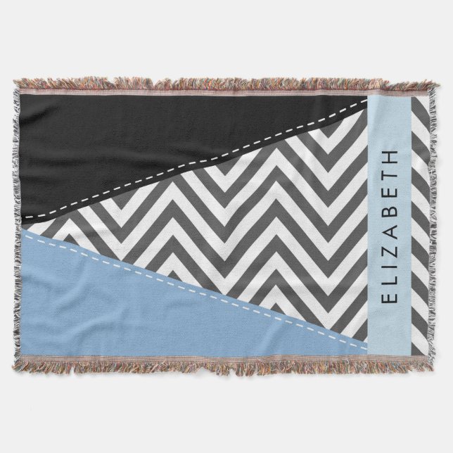 Couverture Grey Zigzag, Grey Chevron, Bleu, Votre Nom (Devant)