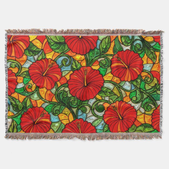 Couverture Hibiscus Faux Vitrail Orange Or Rouge (Devant)