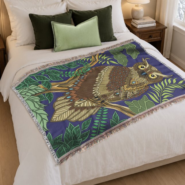 Couverture Hibou Orné Feuilles de Forêt Verte Décoration Natu (Créateur téléchargé)
