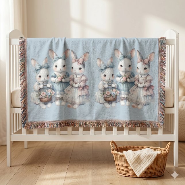 Couverture Illustration aquarelle des sœurs lapines de la cha (Cottage Bunny Sisters Watercolor Illustration Throw Blanket)