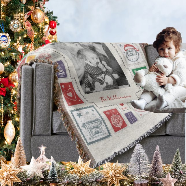 Couverture Illustration de Noël par timbre rétro (Whimsical Retro Stamp Christmas Illustration Photo Throw Blanket Festive Personalized Holiday Decor)