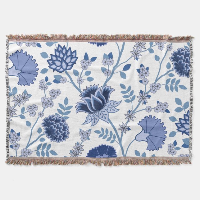 Couverture Jacobean Floral Lg Motif Bleu sur Blanc (Devant)