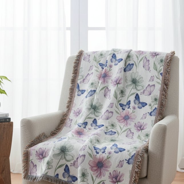 Couverture Jardin Artistique Papillon Violet Sérénité Pastel (Butterfly floral throw blanket)