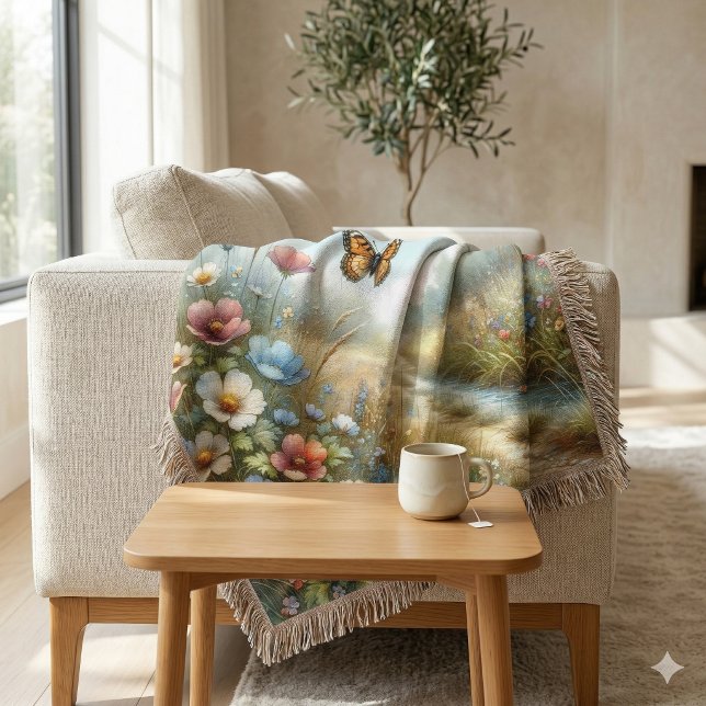 Couverture Jardin de papillons de la prairie fleurie (Wildflower Meadow Butterfly Garden Throw Blanket)