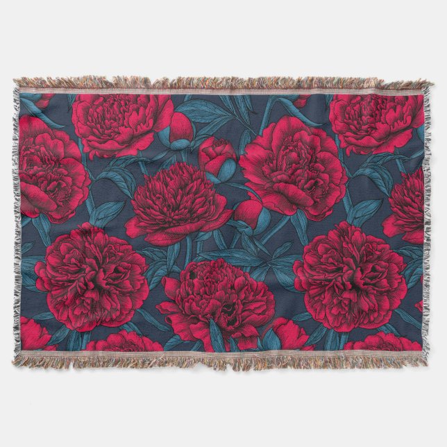 Couverture Jardin de pivoine rouge sur bleu foncé (Devant)