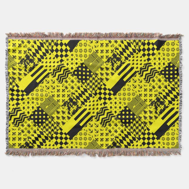 Couverture Jaune Noir Mixte Conception Motif Patchwork (Devant)