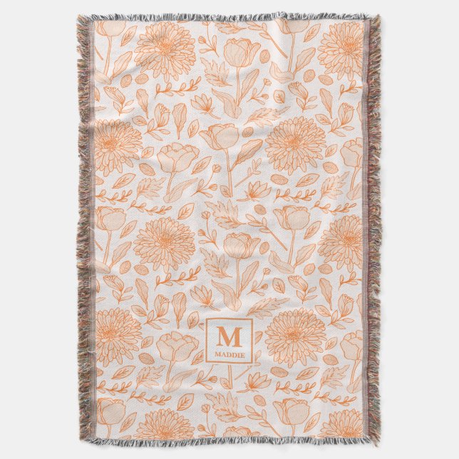Couverture jeté à monogramme floral orange (devant Vertical)