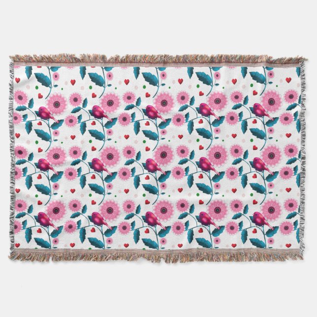 Couverture Jeté de design botanique floral oiseau rose fantai (Devant)