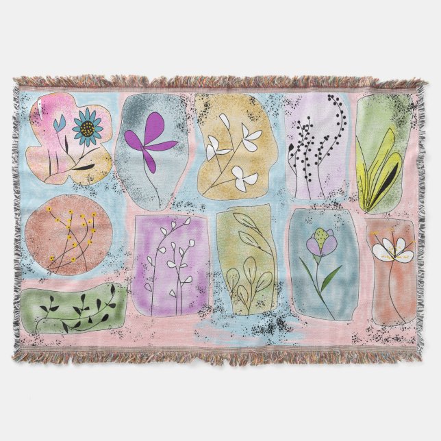 Couverture jetée à doodle fleuri fantaisiste aquar (Devant)