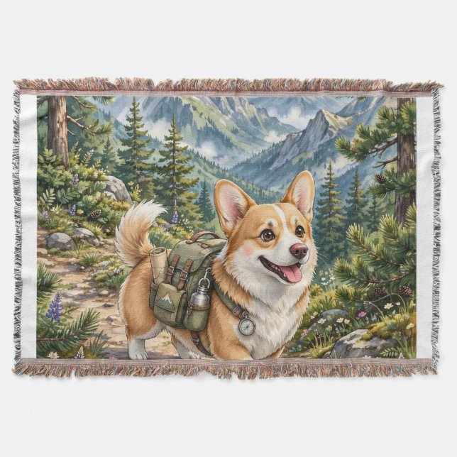 Couverture jetée en aquarelle de Corgi en randonné (Devant)