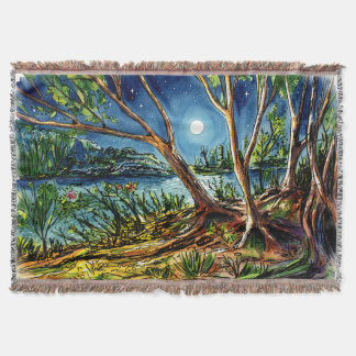 Couverture jetée en aquarelle de forêt nocturne et