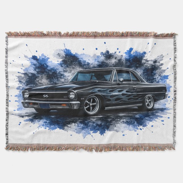 Couverture jetée voiture classique aquarelle (Devant)