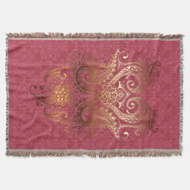 Couverture Jeter Blanket Or Ornament Indien Damask fuchsia (Devant)