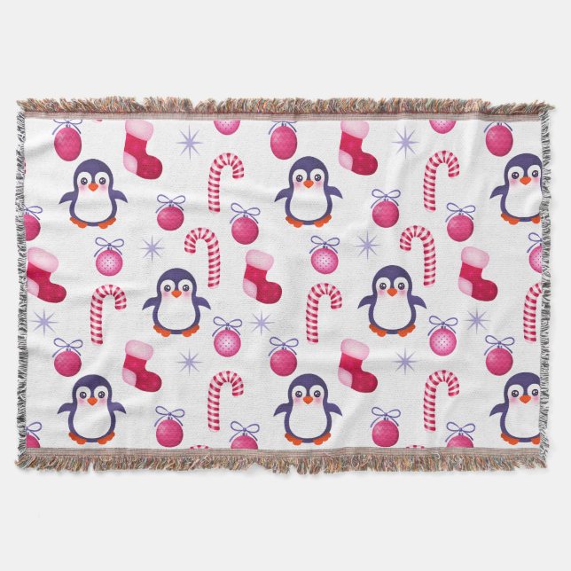 Couverture Joli Motif de Noël rose et blanc avec des pingouin (Devant)