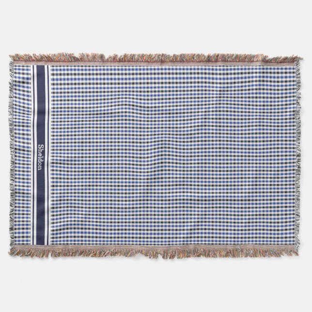 Couverture joli motif gingham bleu noir prépa monogramme (Devant)