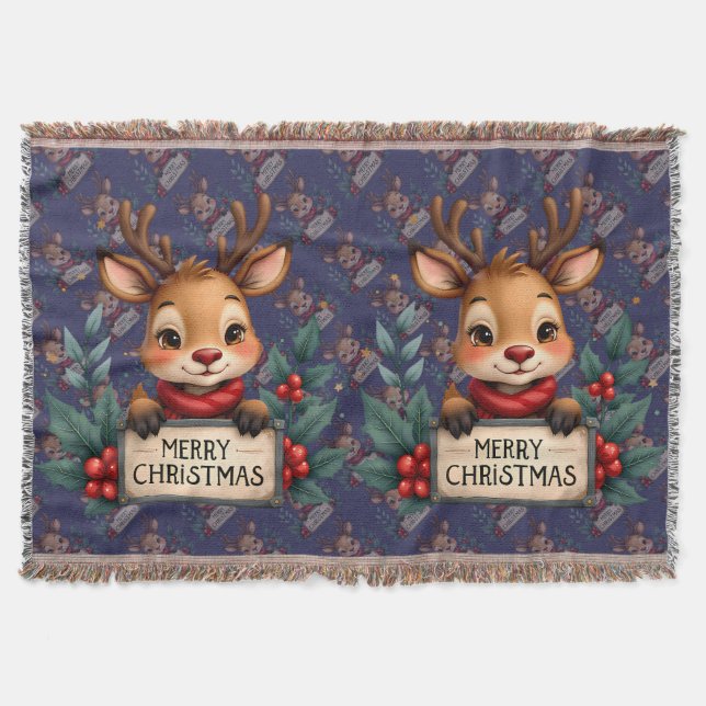 Couverture Joli Renne de Noël avec du Houx et un Panneau (Devant)
