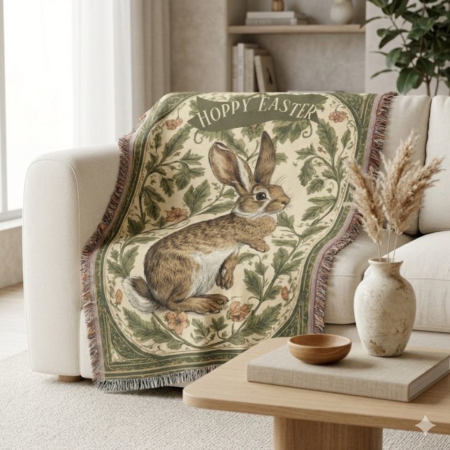 Couverture Joyeuses Pâques Lapin Rétro Inspiré de William Mor (Hoppy Easter William Morris Inspired Vintage Bunny Throw Blanket)