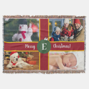 Couverture Joyeux Noël Famille Photo Rouge Vert Monogramme