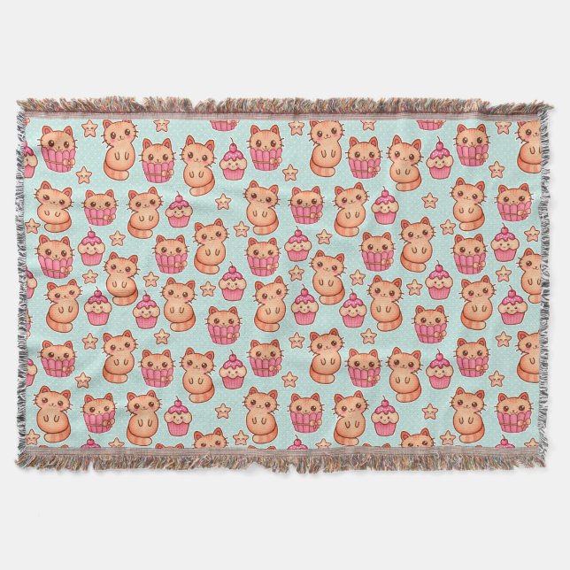 Couverture Kawaii Cute Cats Cupcakes Motif rose et bleu (Devant)