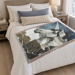 Couverture Licorne Féerique Grise Blanche Mystique Chat Hiver