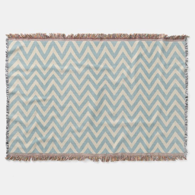 Couverture Linge rustique Beige et bleu Chevron (Devant)
