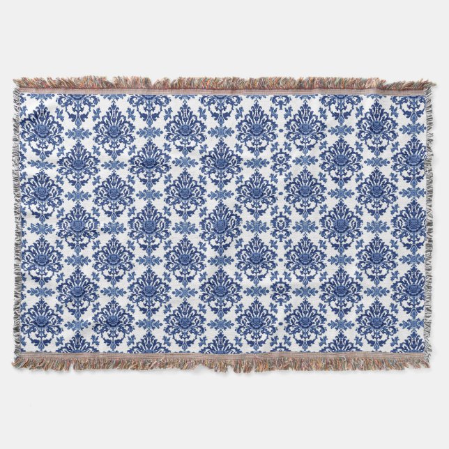 Couverture Luxury Royal Blue and White Baroque Floral Pattern (Devant)