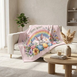 Couverture Maison de campagne Cottagecore pastel Lapin arc-en