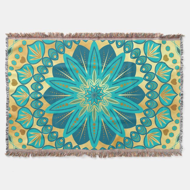 Couverture Mandala Fleur Bleu Or (Devant)