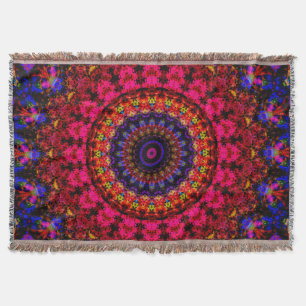 Couverture Mandala kaléidoscope d'ethnie Damas rose et bleu