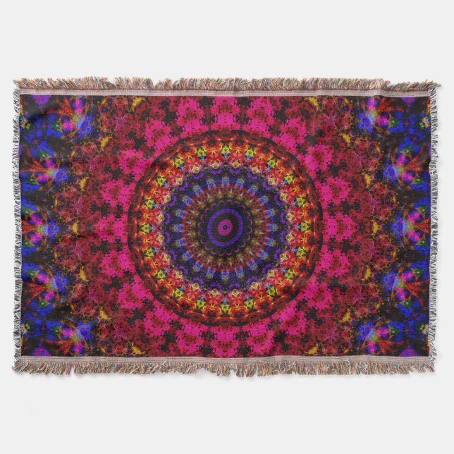 Couverture Mandala kaléidoscope d'ethnie Damas rose et bleu (Devant)
