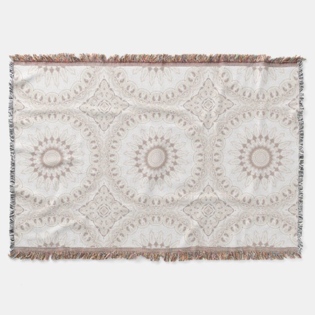 Couverture Mandala Médaillon en beige doux et blanc (Devant)
