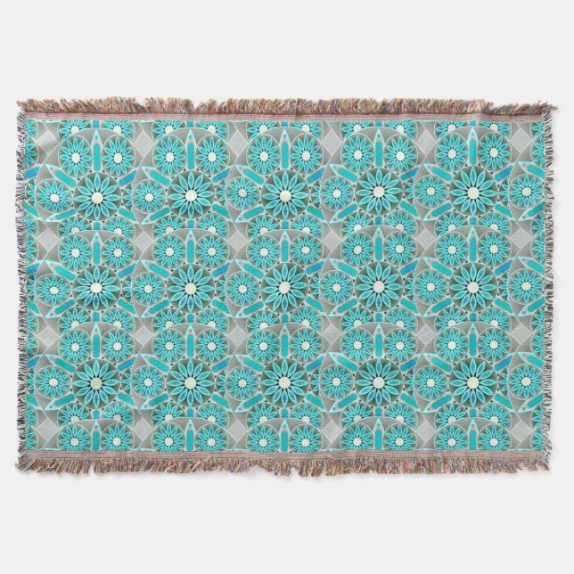 Couverture Mandala motif, turquoise, gris argenté et blanc (Devant)