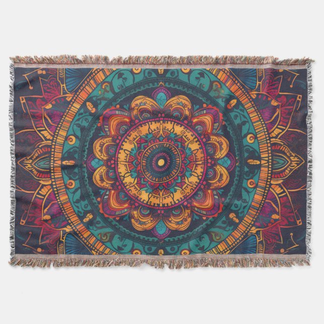 Couverture Mandala sarcelle et ocre avec détails cramoisis (Devant)