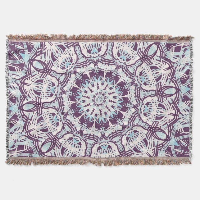 Couverture Mandala Spirituel Kaléidoscope Bleu Violet Blanc.  (Devant)