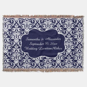 Couverture Mariage damassé personnalisé/bleu marine de